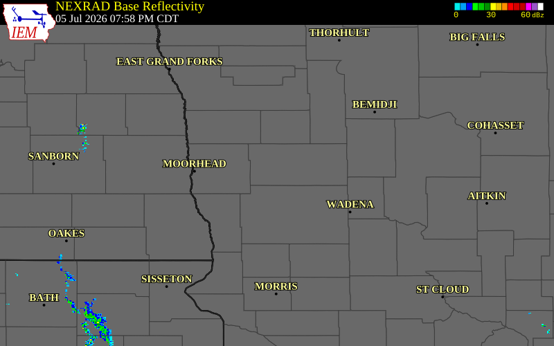 Radar snapshot during the Jul 5, 2026 tornado event near 4 NW Detroit Lakes, Becker County, Minnesota, with NWS warning polygons