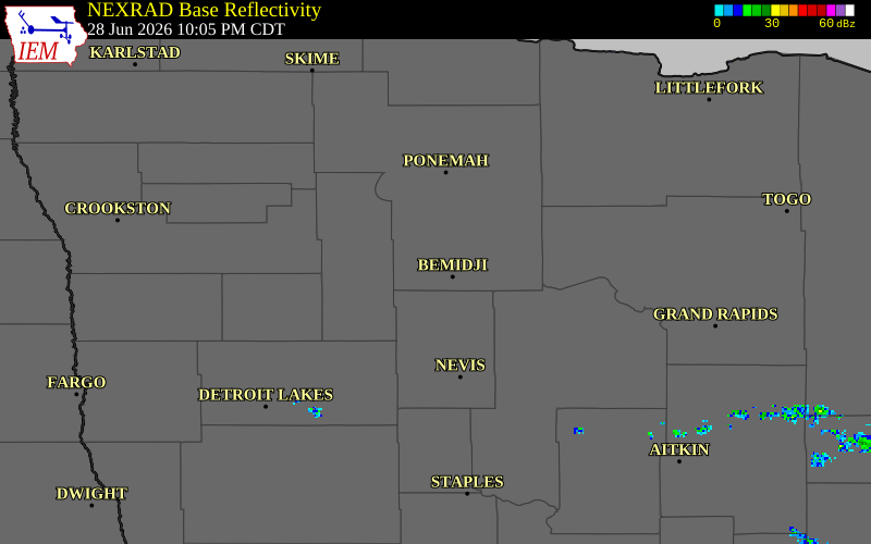 NEXRAD radar during the Sunday, June 28, 2026 storm activity in Beltrami County, Minnesota