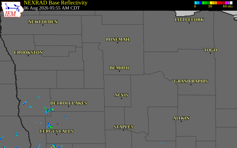 NEXRAD radar during the Thursday, August 6, 2026 storm activity in Beltrami County, Minnesota