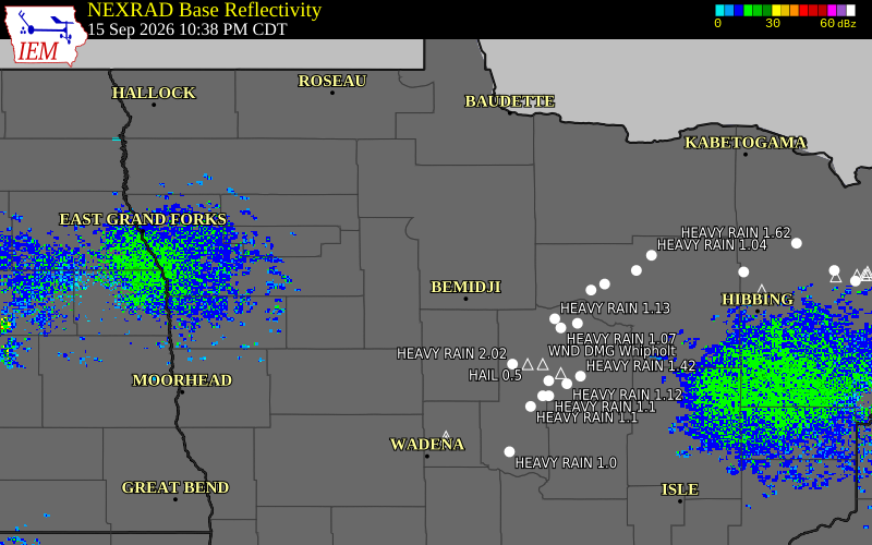 Current NEXRAD radar over Beltrami County, Minnesota with recent storm report locations