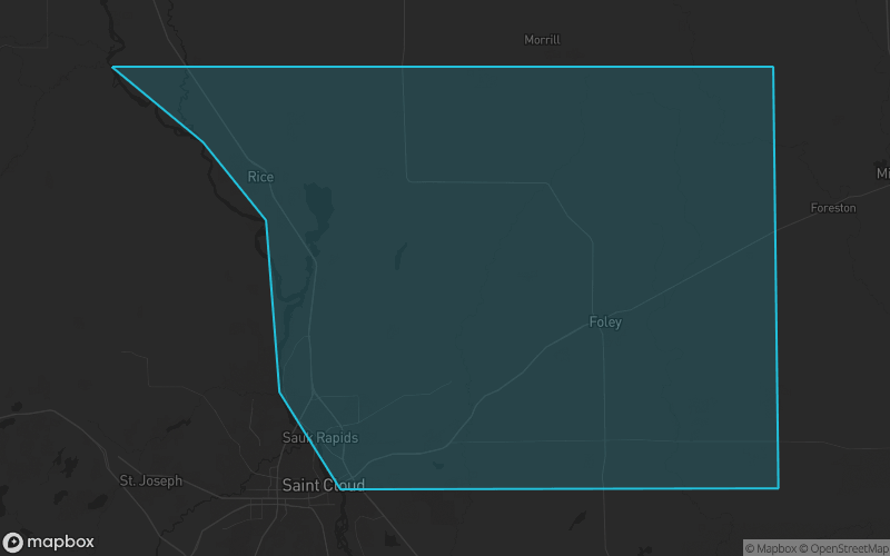 Map of Benton County, Minnesota showing the county boundary and surrounding cities