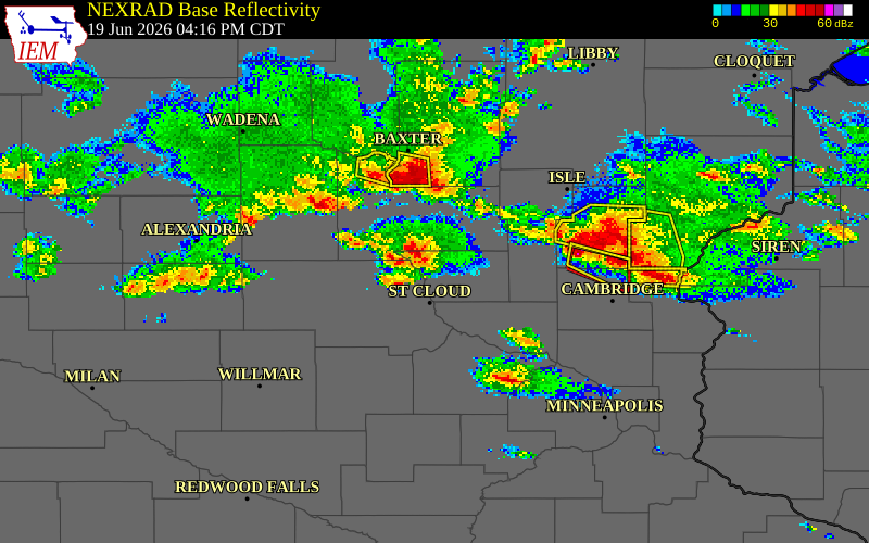 NEXRAD radar during the Friday, June 19, 2026 storm activity in Benton County, Minnesota