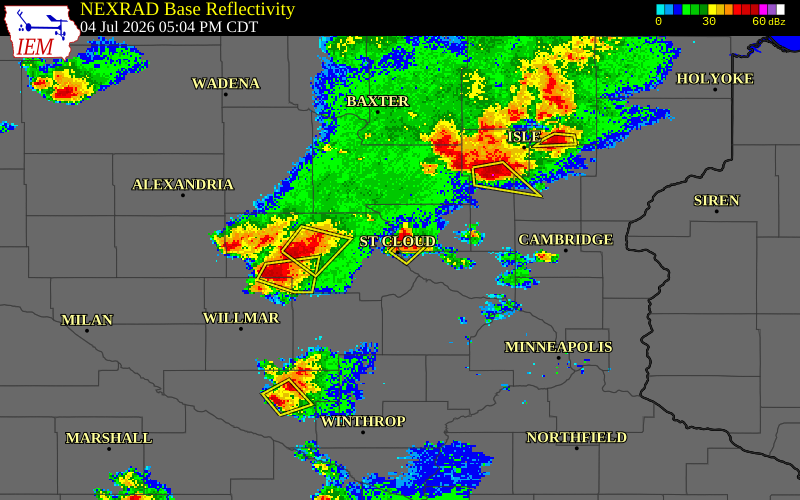 NEXRAD radar during the Saturday, July 4, 2026 storm activity in Benton County, Minnesota