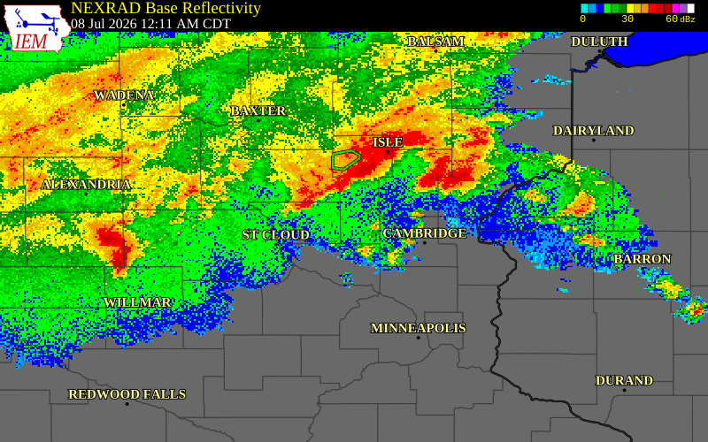 NEXRAD radar during the Wednesday, July 8, 2026 storm activity in Benton County, Minnesota