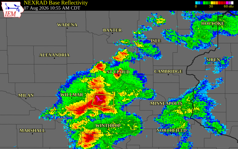 NEXRAD radar during the Friday, August 7, 2026 storm activity in Benton County, Minnesota