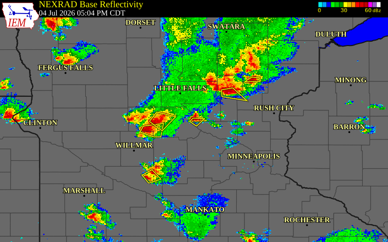 Radar snapshot during the Jul 4, 2026 hail event near 1 NNE St. Cloud, Benton County, Minnesota, with NWS warning polygons