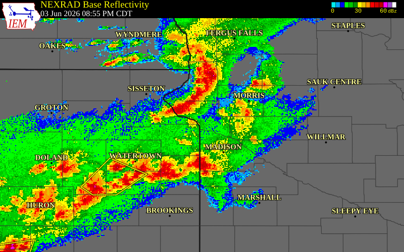NEXRAD radar during the Wednesday, June 3, 2026 storm activity in Big Stone County, Minnesota