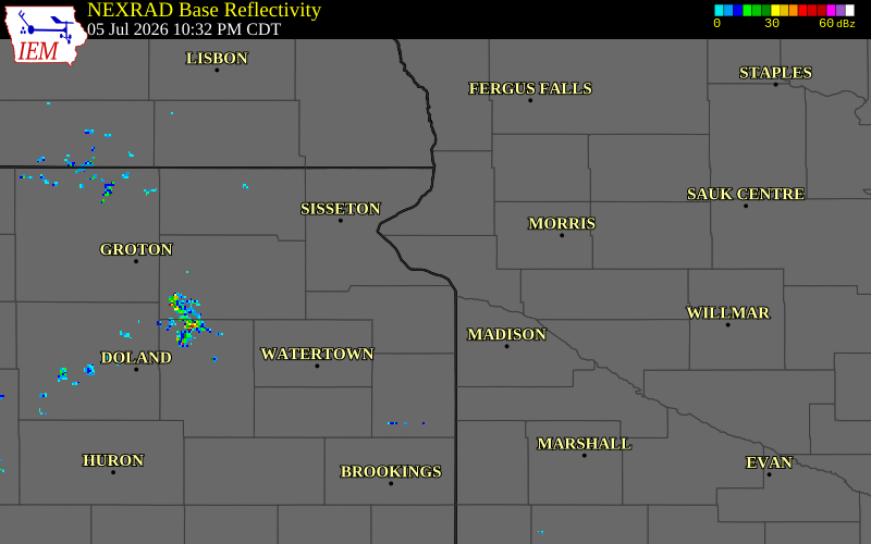 NEXRAD radar during the Sunday, July 5, 2026 storm activity in Big Stone County, Minnesota