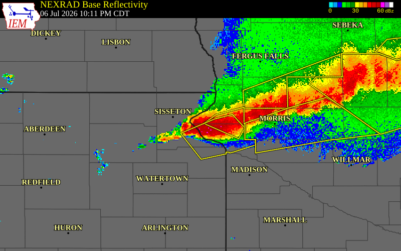 NEXRAD radar during the Monday, July 6, 2026 storm activity in Big Stone County, Minnesota