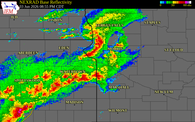 Radar snapshot during the Jun 3, 2026 hail event near 1 ENE Ortonville, Big Stone County, Minnesota, with NWS warning polygons