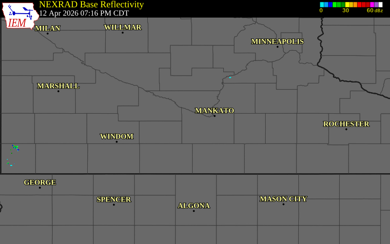 NEXRAD radar during the Sunday, April 12, 2026 storm activity in Blue Earth County, Minnesota