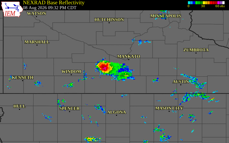 NEXRAD radar during the Saturday, August 8, 2026 storm activity in Blue Earth County, Minnesota
