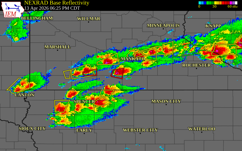 Radar snapshot during the Apr 13, 2026 tornado event near 7 WSW Amboy, Blue Earth County, Minnesota, with NWS warning polygons