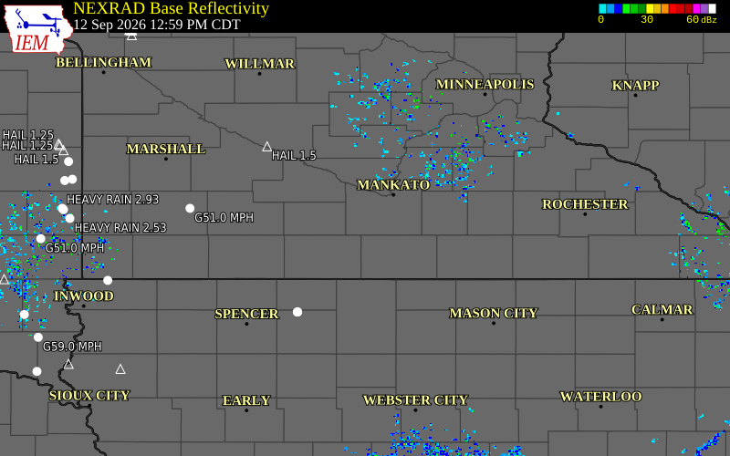Current NEXRAD radar over Blue Earth County, Minnesota with recent storm report locations