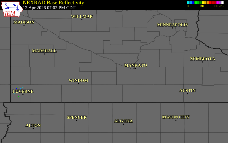 NEXRAD radar during the Sunday, April 12, 2026 storm activity in Brown County, Minnesota
