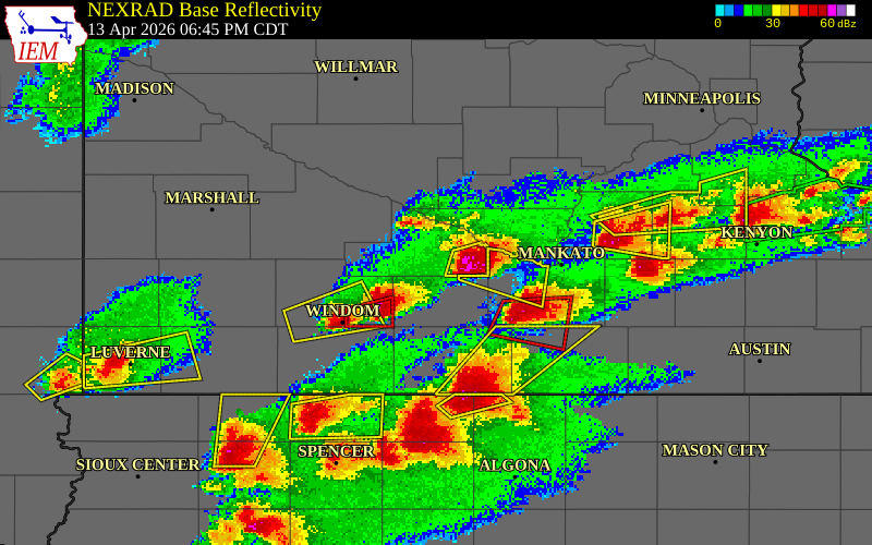 NEXRAD radar during the Monday, April 13, 2026 storm activity in Brown County, Minnesota