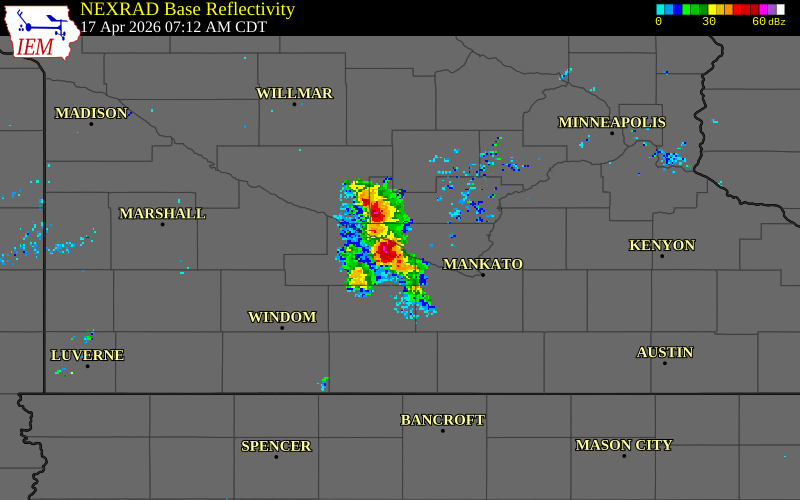 NEXRAD radar during the Friday, April 17, 2026 storm activity in Brown County, Minnesota