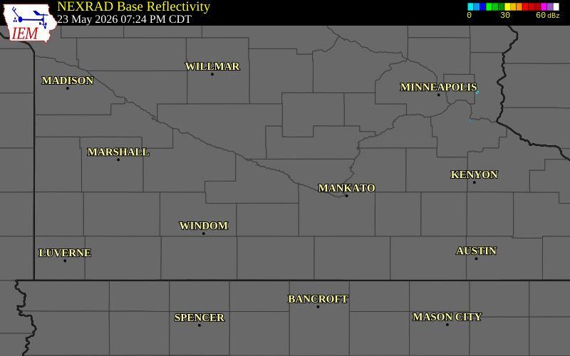 NEXRAD radar during the Saturday, May 23, 2026 storm activity in Brown County, Minnesota