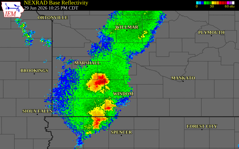 NEXRAD radar during the Monday, June 29, 2026 storm activity in Brown County, Minnesota