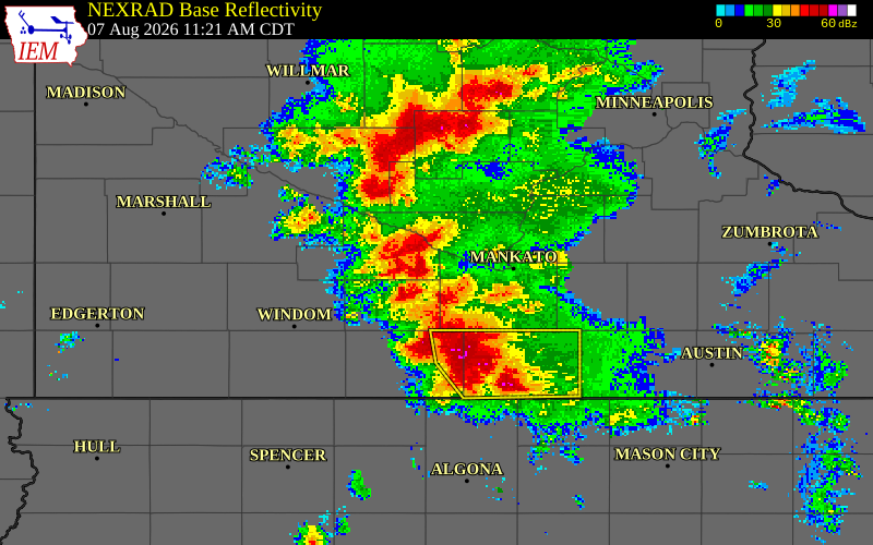 NEXRAD radar during the Friday, August 7, 2026 storm activity in Brown County, Minnesota