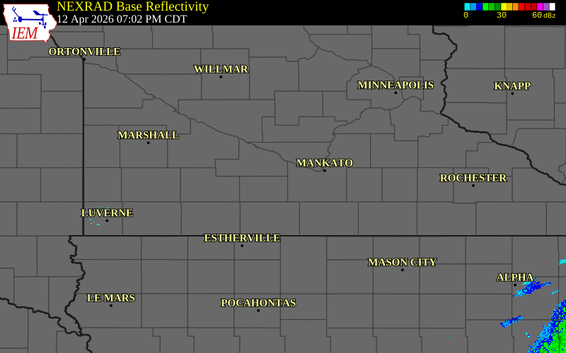 Radar snapshot during the Apr 12, 2026 hail event near 4 N Madelia, Brown County, Minnesota, with NWS warning polygons