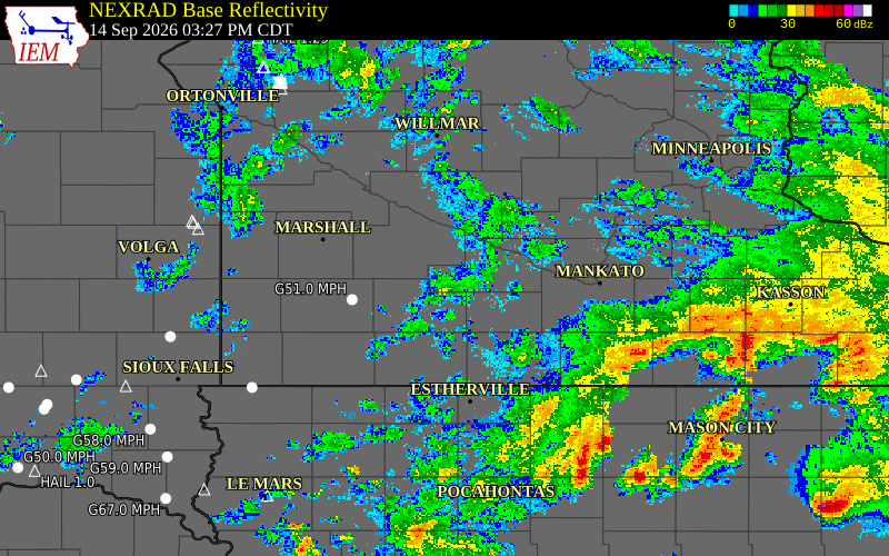 Current NEXRAD radar over Brown County, Minnesota with recent storm report locations