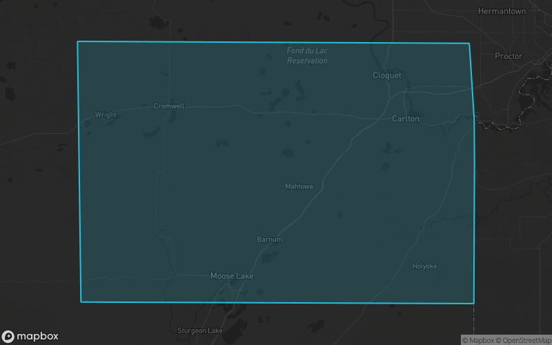 Map of Carlton County, Minnesota showing the county boundary and surrounding cities