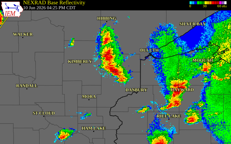 NEXRAD radar during the Wednesday, June 10, 2026 storm activity in Carlton County, Minnesota