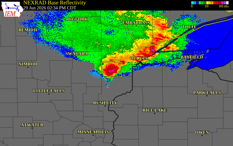 Radar snapshot during the Jun 29, 2026 hail event near Barnum, Carlton County, Minnesota, with NWS warning polygons