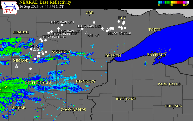 Current NEXRAD radar over Carlton County, Minnesota with recent storm report locations