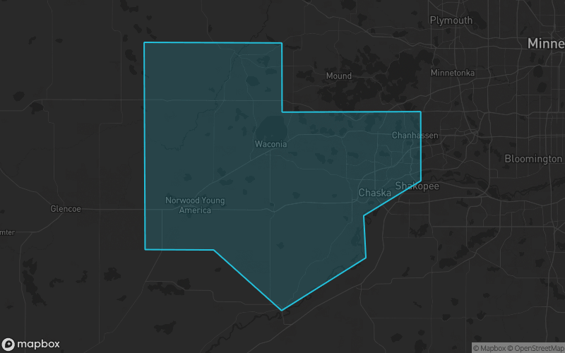 Map of Carver County, Minnesota showing the county boundary and surrounding cities