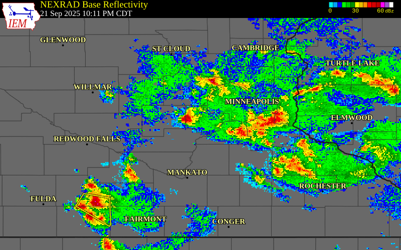 NEXRAD radar during the Sunday, September 21, 2025 storm activity in Carver County, Minnesota