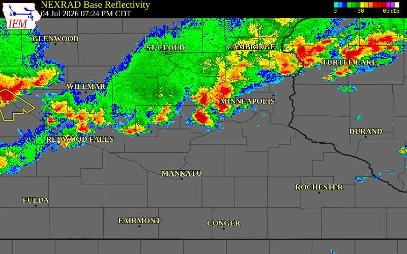 NEXRAD radar during the Saturday, July 4, 2026 storm activity in Carver County, Minnesota