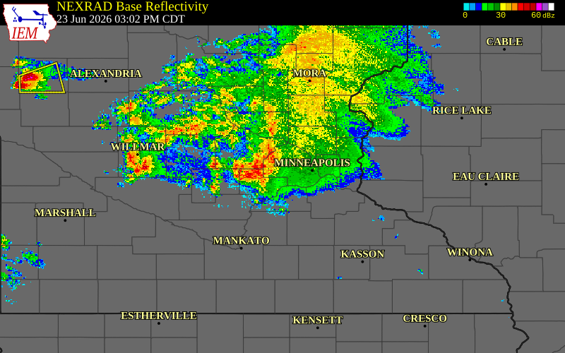 Radar snapshot during the Jun 23, 2026 wind event near Carver County, Carver County, Minnesota, with NWS warning polygons