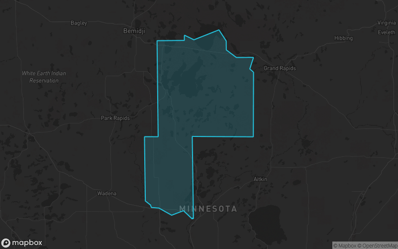 Map of Cass County, Minnesota showing the county boundary and surrounding cities