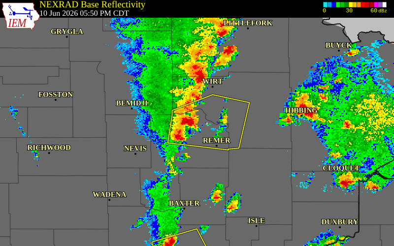NEXRAD radar during the Wednesday, June 10, 2026 storm activity in Cass County, Minnesota