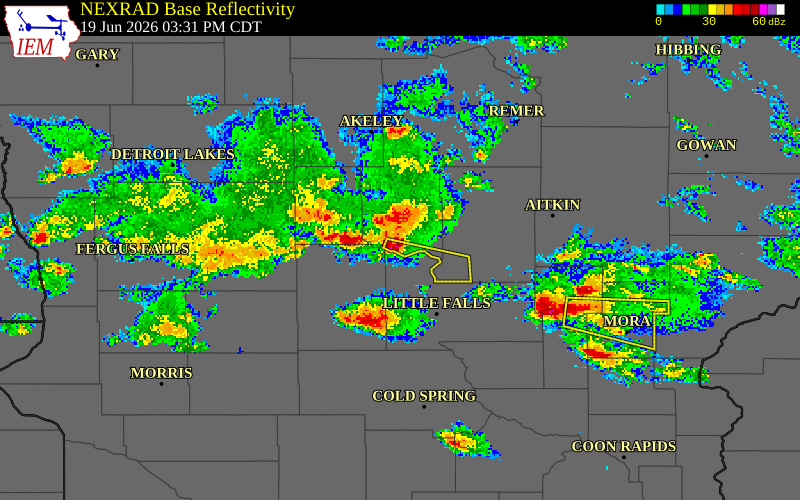 NEXRAD radar during the Friday, June 19, 2026 storm activity in Cass County, Minnesota