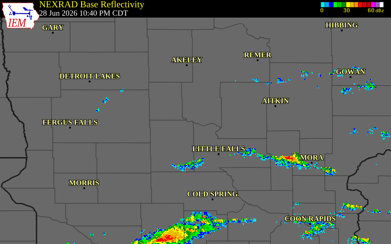 NEXRAD radar during the Sunday, June 28, 2026 storm activity in Cass County, Minnesota