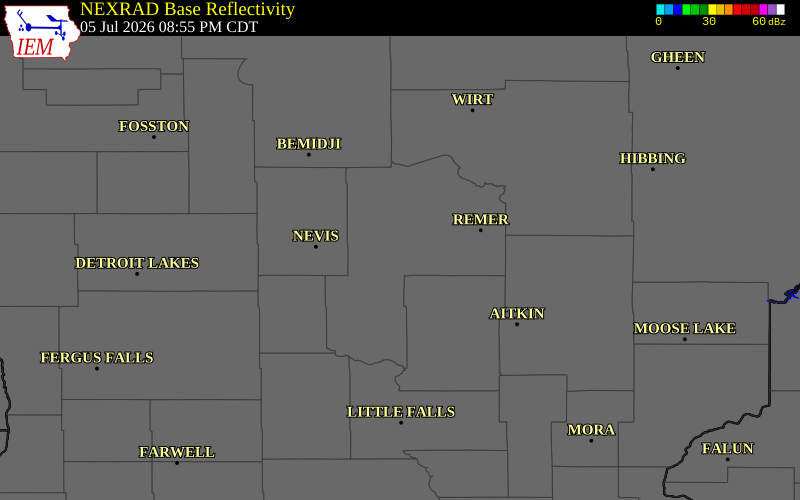 NEXRAD radar during the Sunday, July 5, 2026 storm activity in Cass County, Minnesota