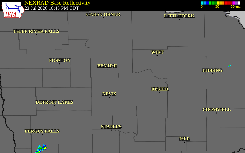 NEXRAD radar during the Thursday, July 23, 2026 storm activity in Cass County, Minnesota