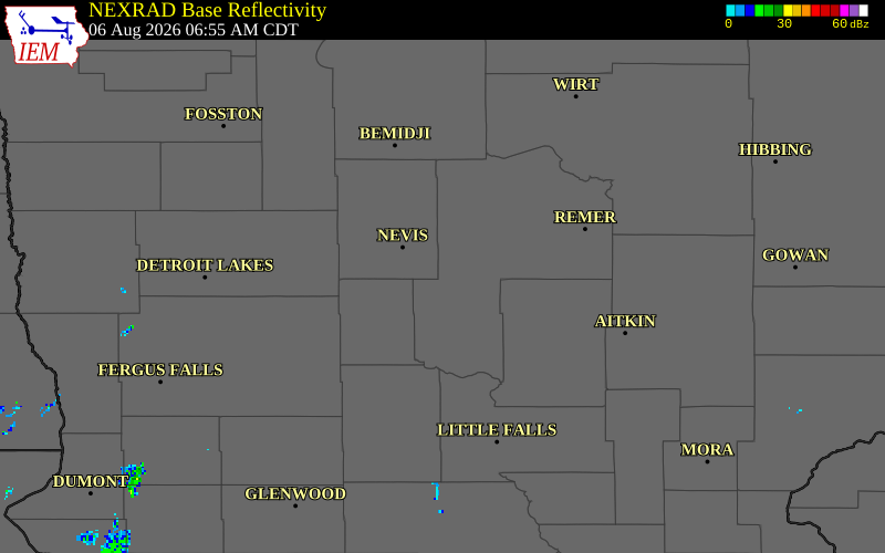 NEXRAD radar during the Thursday, August 6, 2026 storm activity in Cass County, Minnesota