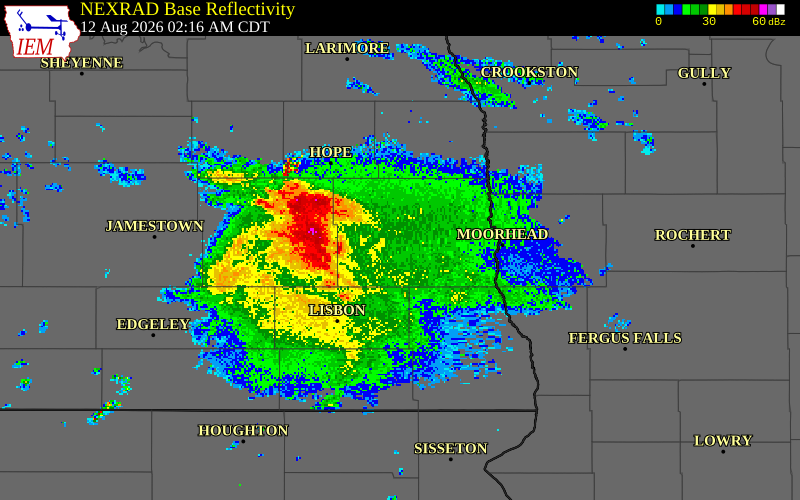 NEXRAD radar during the Wednesday, August 12, 2026 storm activity in Cass County, Minnesota