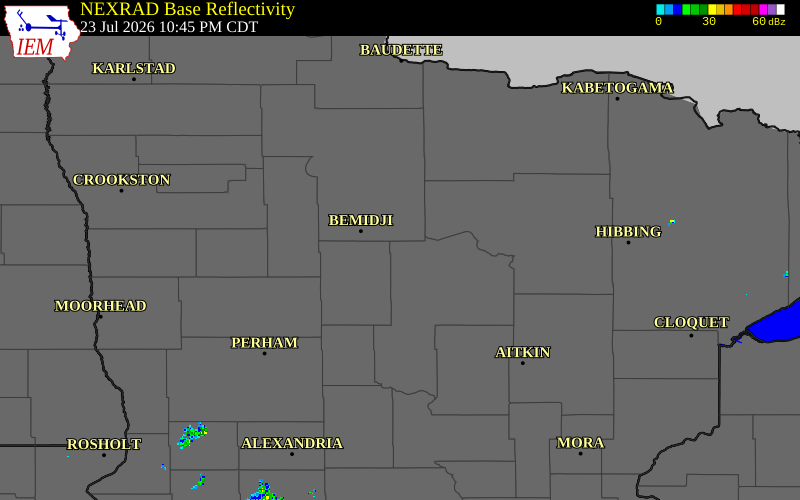 Radar snapshot during the Jul 23, 2026 hail event near 2 S Cass Lake, Cass County, Minnesota, with NWS warning polygons