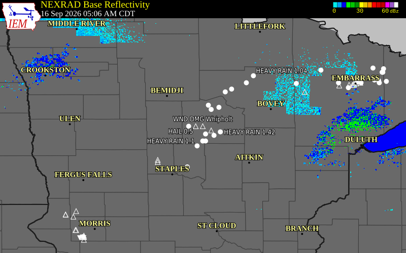 Current NEXRAD radar over Cass County, Minnesota with recent storm report locations