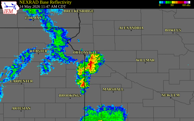 NEXRAD radar during the Thursday, May 14, 2026 storm activity in Chippewa County, Minnesota