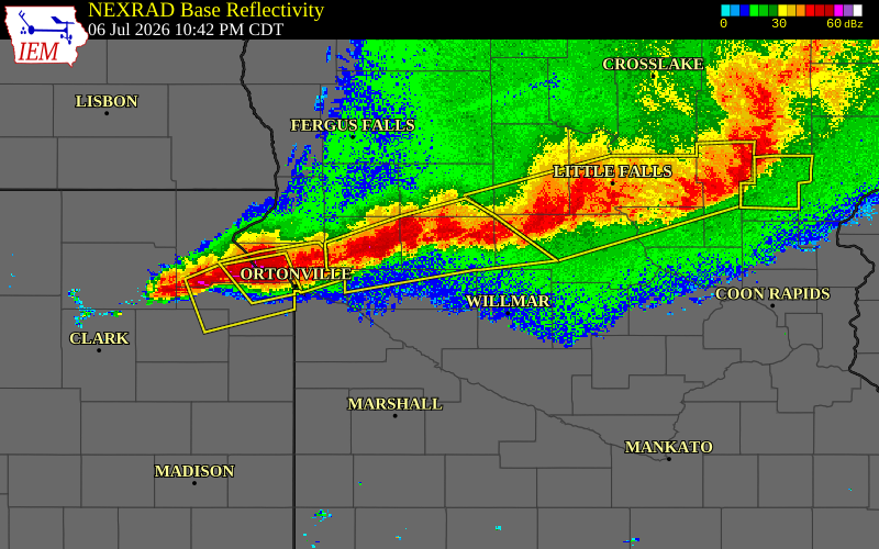 Radar snapshot during the Jul 6, 2026 wind event near Chippewa County, Chippewa County, Minnesota, with NWS warning polygons