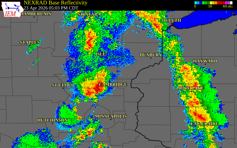 NEXRAD radar during the Thursday, April 23, 2026 storm activity in Chisago County, Minnesota