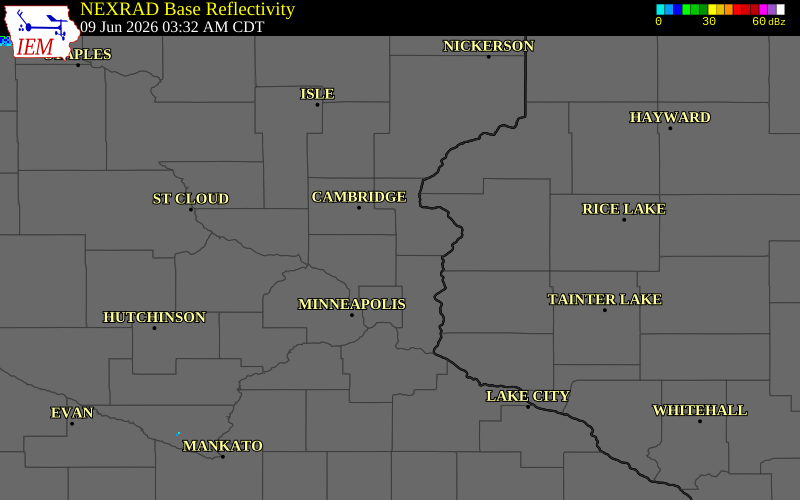 NEXRAD radar during the Tuesday, June 9, 2026 storm activity in Chisago County, Minnesota