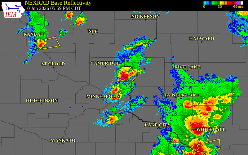 NEXRAD radar during the Wednesday, June 10, 2026 storm activity in Chisago County, Minnesota