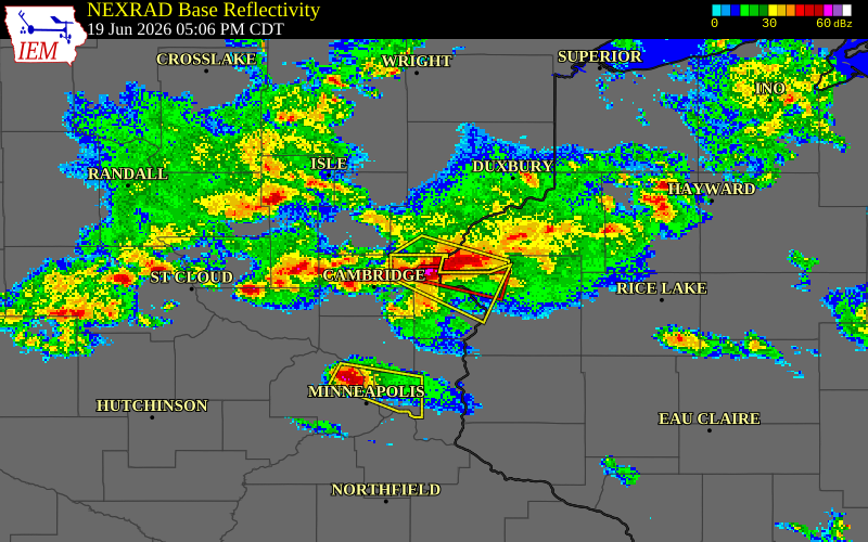 NEXRAD radar during the Friday, June 19, 2026 storm activity in Chisago County, Minnesota